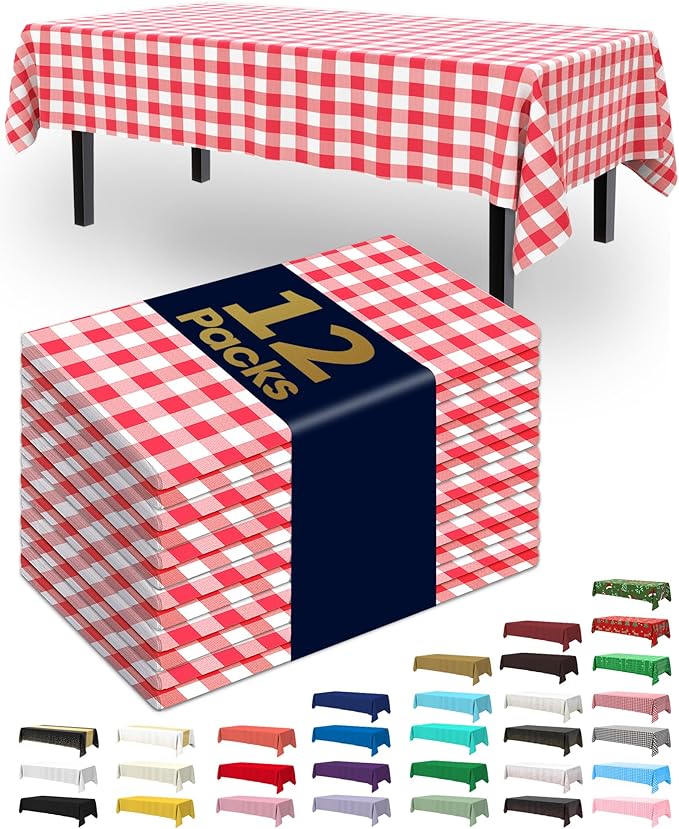 Pureegg Plastic Table Cloth Disposable 12 Pack, 54 x 108 Inch Table Cloths, Party, Picnic, Decorative Gingham Tablecloths, Rectangle, Red and White Checkered Cover, Leakproof & Sturdy, Red Plaid