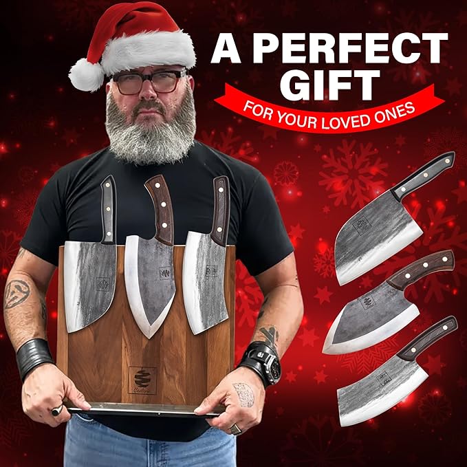 COOLINA Knife Set ??Chef, Tungsten & Lixy Knives Bundle ??3-Piece Hand-Forged Carbon Steel Kitchen & BBQ Knives with Wooden Handles ??Full Tang Butcher, Cleaver & Cooking Knife Set