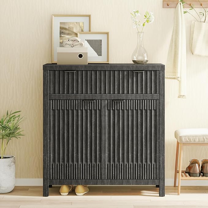 FLOWBACK Black Storage Cabinet with Drawers, Fluted Cabinet Buffet Bar, Farmhouse Buffet Sideboard with Storage, Coffee Bar with Drawer and Door, Modern Wood Console Cabinet for Kitchen, Living Room