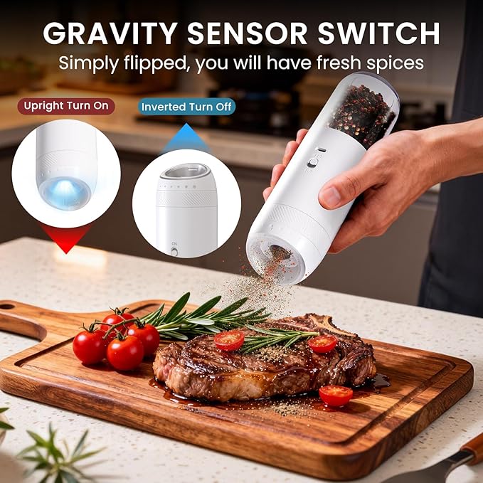 2 Pack Gravity Rechargeable Electric Salt and Pepper Grinder Set, Automatic Salt Pepper Shaker, LED Light One Hand Operation, Washable 176ML Container, Adjustable Coarseness, Black+White