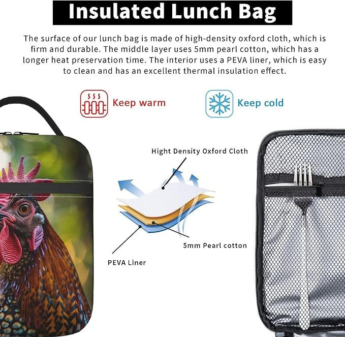 VANZEV Insulated Lunch Box for Women Men, Rooster Theme Lunch Box Reusable Portable Lunch Bag Cooler Tote Waterproof Lunch Container for Office Picnic Work Travel
