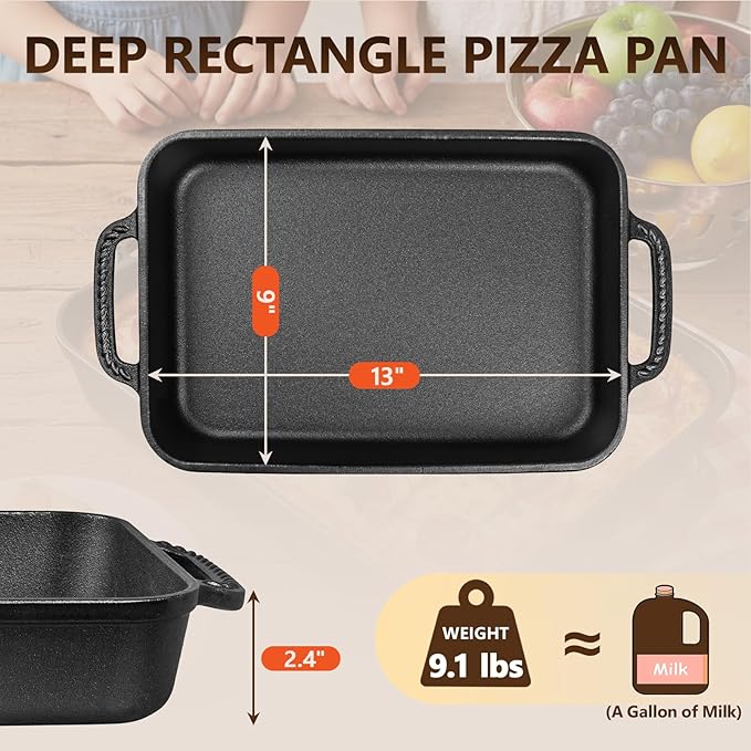 Cast Iron Detroit Pizza Pan - 9x13 Inch Pre-Seasoned Deep Baking Dish for Casserole, Focaccia, Lasagna