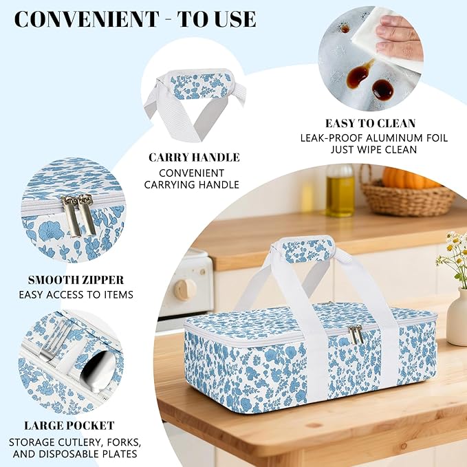 Insulated Casserole Carrier for Hot or Cold Food, Lasagna Lugger Tote Warmer or Cooler Bag, Casserole Dish Carrier for Potluck Parties, Picnic and Cookout, Fits 9"x13" Baking Dish(Blue Floral)