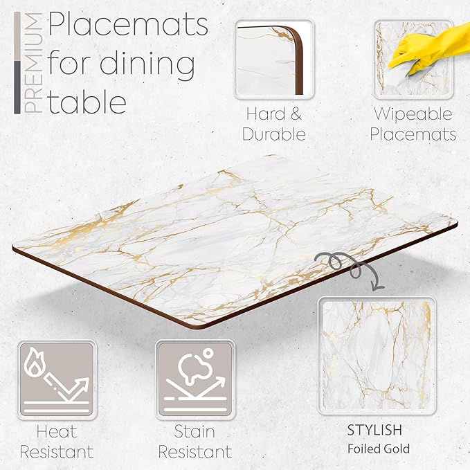 Moderry Set of 4 Heat Resistant Cork Placemats for Dining Table with Free Set of 4 Matching Drink Coasters Marble Design 16 x 12 Inches Cork Backed Hard Placemats (Foiled Gold)