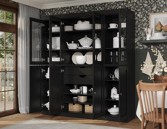 Palace Imports 100% Solid Wood Kitchen China Pantry Cabinet, 65" W - 4 Clear Glass & 4 Shaker Doors, Renewable Eco-Friendly Wood, Made in Brazil (Black, 8 China/Shaker Doors | 2 Drawers)