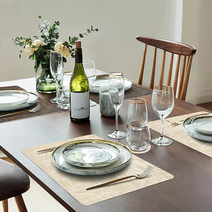 Fyvva Placemats Set of 4, Faux Leather Heat Resistant Wipeable Placemats, Dual Sided Waterproof Washable Table Mats with Coaster, Suitable for Kitchen, Dining, Table Decor (4, Beige Dark Coffee)