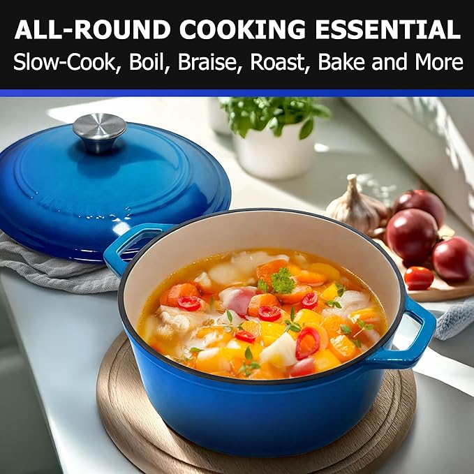 Mueller 6qt Enameled Cast Iron Dutch Oven, Heavy-Duty Casserole and Braiser Pan with Lid and Knob, Oven-Safe up to 500째 F & Across All Cooktops, Aqua Blue