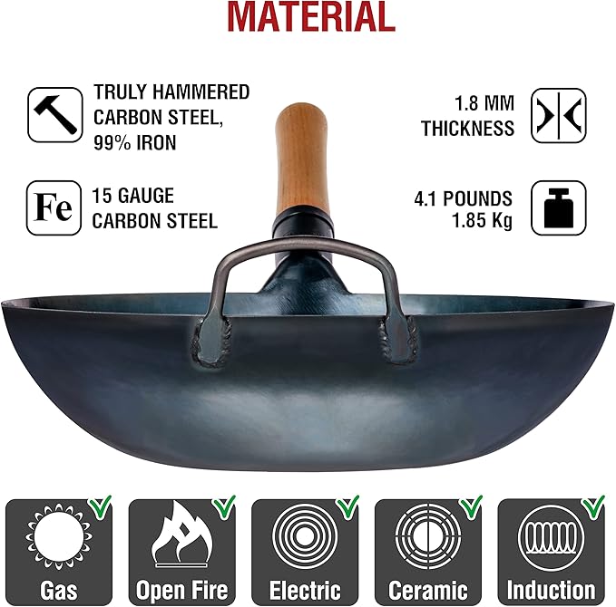 YOSUKATA 13.5??Blue Carbon Steel Wok Pan ??Pre-Seasoned Flat Bottom Wok Compatible with open fire, gas, electric, ceramic, induction cooktops -Traditional Chinese Pan for Stir Fry, BBQ, Grill, Camping