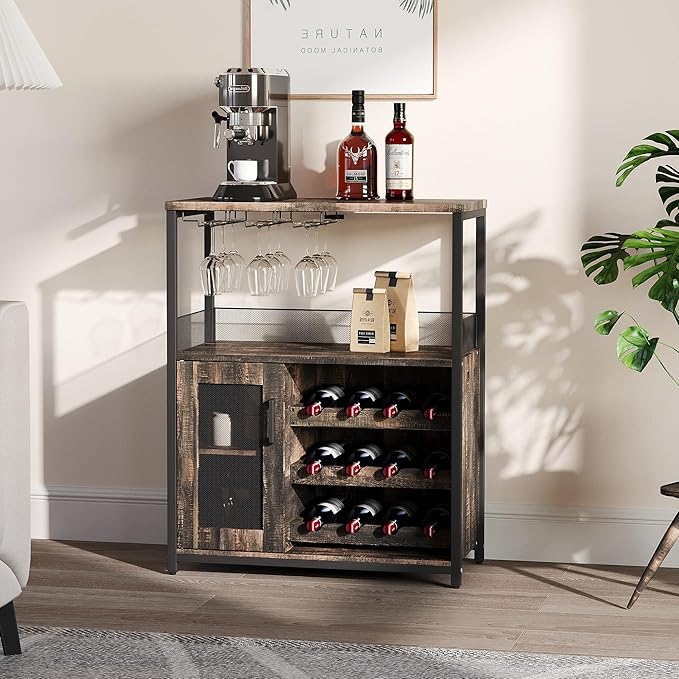 Vintage Industrial Wine Bar Cabinet with Adjustable Wine Racks and Glass Holders, Mesh Door Sideboard Storage Cabinet for Living Room, Kitchen, Dining Room, Compact Design, Easy Assembly,Burnt Color