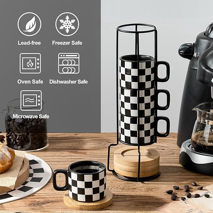LUKA Porcelain Stackable Black and White Checkered Espresso Cups with Saucers and Metal Stand, 4 Ounce Small Ceramic Demitasse Cups Set for Coffee Drinks, Latte, Tea - Set of 4, Black Interior