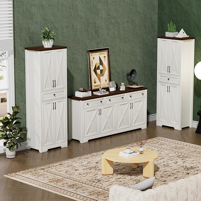 Lyromix 3 Pieces Sideboard and Pantry Set with Storage, Brown Farmhouse Wall Unit Entertainment Center, Large Kitchen Sideboard Buffet Pantry Cabinet with Drawers
