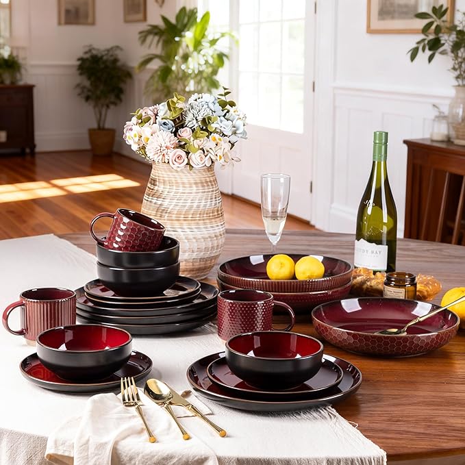 GBHOME Ceramic Dinnerware Sets for 4, 12 Pieces Stoneware Plates and Bowls Sets, Scratch Resistant Dishes, Dishwasher & Microwave Safe, Reactive Glaze-Burgundy