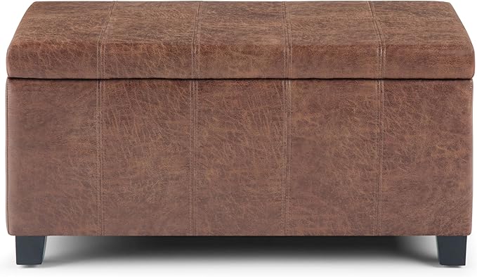 SIMPLIHOME Dover Storage Ottoman Bench - 36 inch Wide Upholstered Vegan Leather Rectangular Lift-Top Ottoman in Distressed Umber Brown, Contemporary Bench for Living Room with Safety Hinges