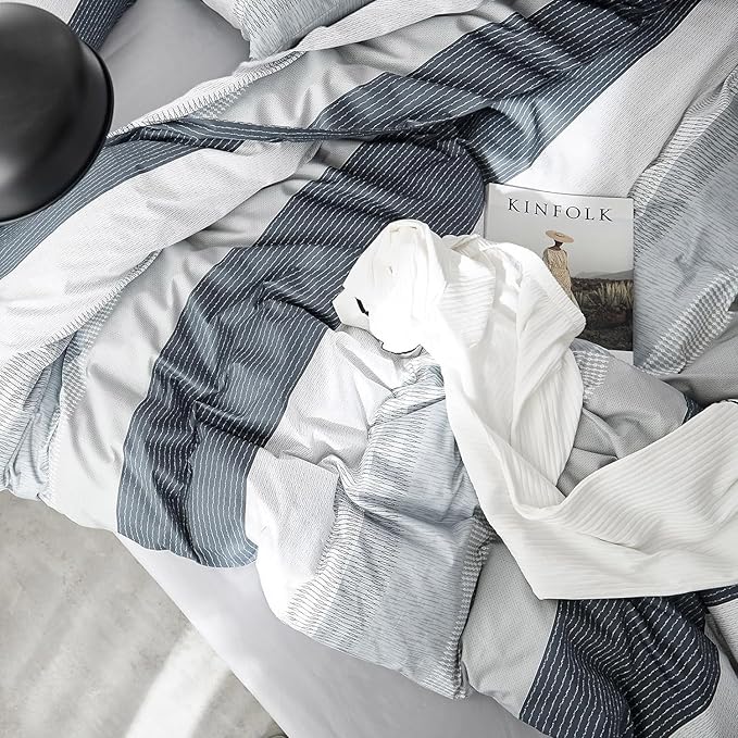 LifeTB Full Comforter Set Blue Grey Striped Bedding Comforter Set Lightweight Soft All Seasons Bedding Sets Fluffy Down Alternative Comforter 3 Pieces Bed Set 1 Striped Comforter with 2 Pillow Shams