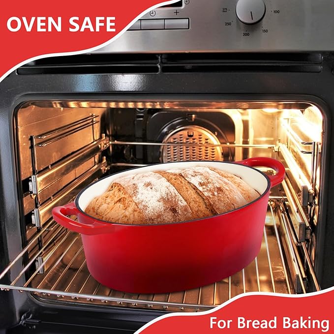 P&P CHEF Oval Dutch Oven with Lid, Enameled Cast Dutch Oven Pot for Bread Baking, Braising, Stewing, Roasting, Non-Stick & Oven Safe, Dual Handles & Easy Clean, 7QT & Red