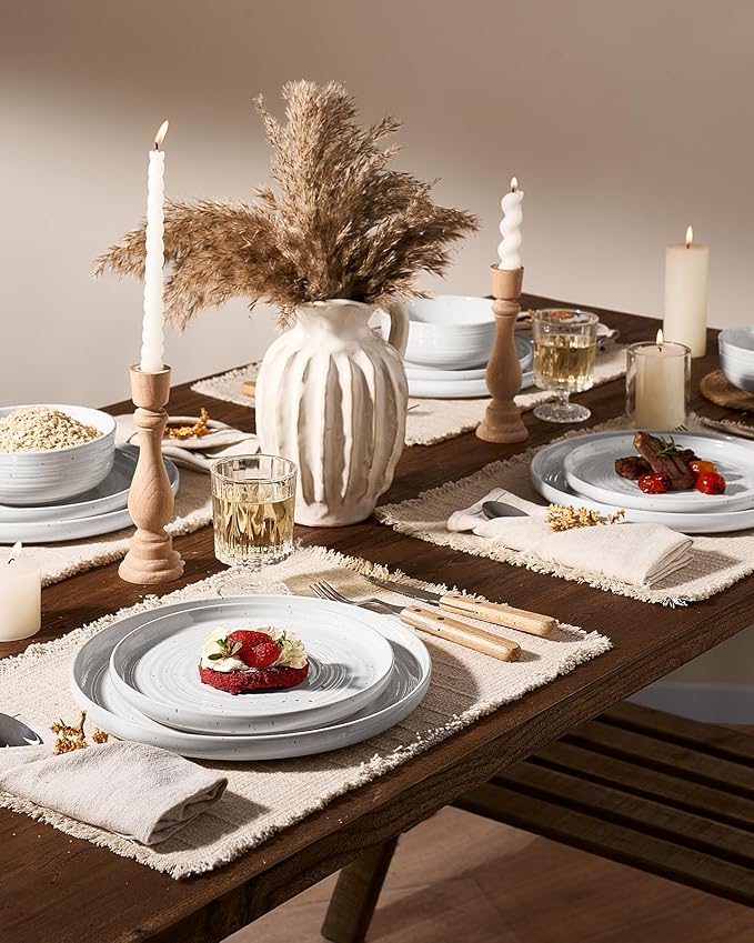 Plates and Bowls Sets for 6, Famiware Premium 18-Piece Stoneware Dinnerware Set - Reactive Glaze with Speckles & Spirals, Chip & Scratch Resistant, Dishwasher Safe, Dish Set with Gift Box, White