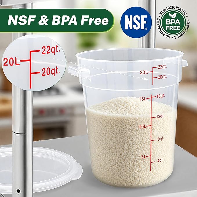 Round Food Storage Container with Lid, 22 Qt Translucent, Commercial 4 Pack of ??NSF Listed, BPA-Free, Polypropylene, Non-Stick, Scale, with Labels & Measuring Cups