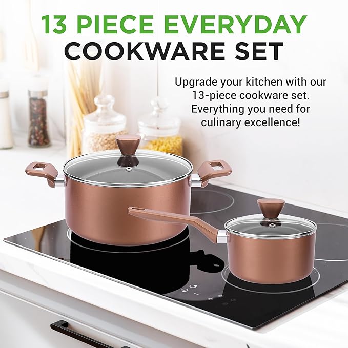 NutriChef Kitchenware Pots & Pans - Stylish Kitchen Cookware Set, Non-Stick (13-Piece Set), Brown, One Size, (NCCWA13BR.5)