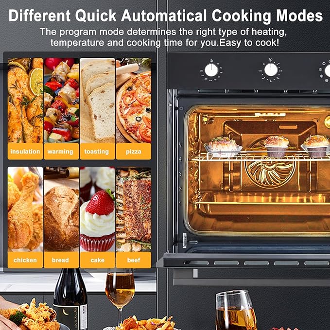 24 Inch Built-In Electric Wall Oven, 2.5 Cu.Ft Single Convection Oven with 8 Cooking Functions, 3000W High-Power Heating, Mechanical Knob Controls, Modern Black Finish