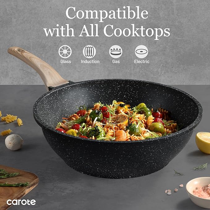 CAROTE Non Stick Wok with Lid 12''/5.3QT Woks & Stir-fry Pans Nonstick Granite Wok Pan Induction Cookware Deep Frying Pan, Compatible with All Stovetops