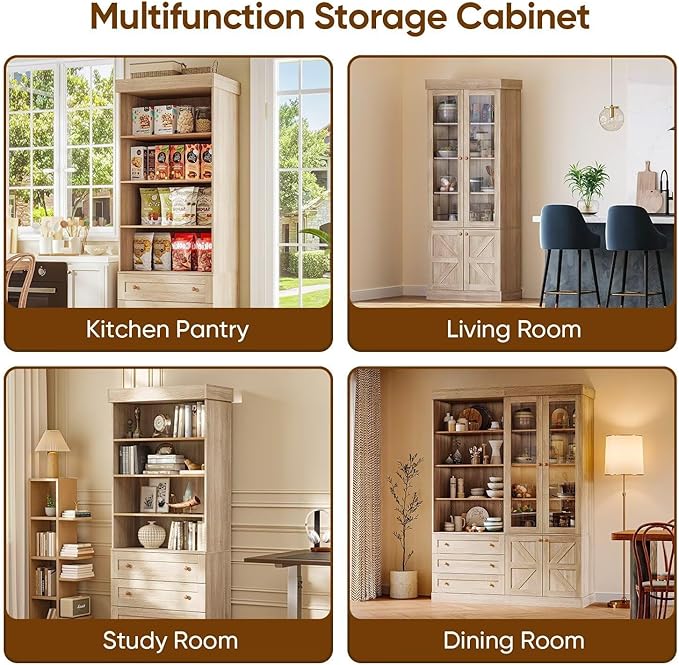 71" Tall Farmhouse Bookcase with Glass Doors and Drawers, Wooden Storage Cabinet with Adjustable Shelves for Living Room, Kitchen, Dining Room, or Home Office, Set of 3, Rustic Brown