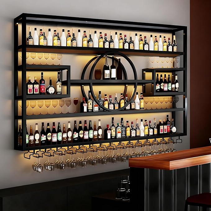 55in Wine Rack Wall Mounted, Large Capacity Hanging Wine Bottles Display Shelf with Glasses Holder, 4 Tier Industrial Bar Liquor Storage Shelves for Home Bar Kitchen,Living Room (Black, 140cm)