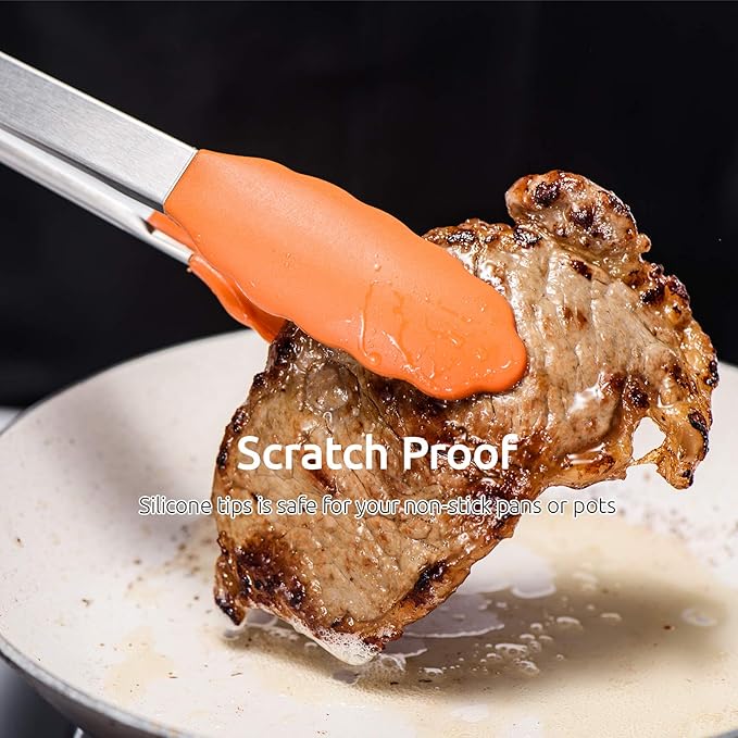 Kitchen Tongs, U-Taste 7/9/12 inches Cooking Tongs, with 600쨘F High Heat-Resistant Non-Stick Silicone Tips, 18/8 Stainless Steel Handle, for Food Grill, Salad, BBQ, Frying, Serving, Pack of 3(Orange)