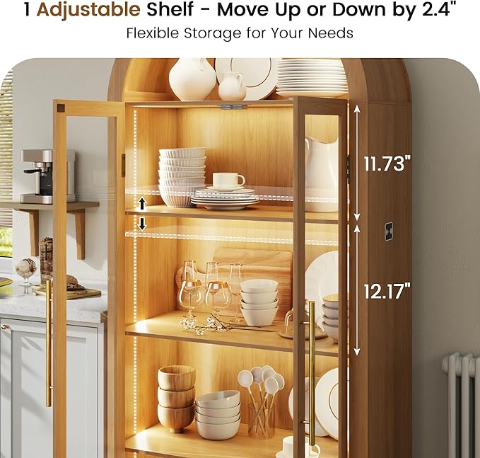 Vlsrka 71" Arched Storage Cabinet with Doors, Display Cabinet with LED Light & Human Sensor, 5-Tier Display Cases for Collectibles, Curio Cabinet with Ajustable Shelf for Living Room(Wood)