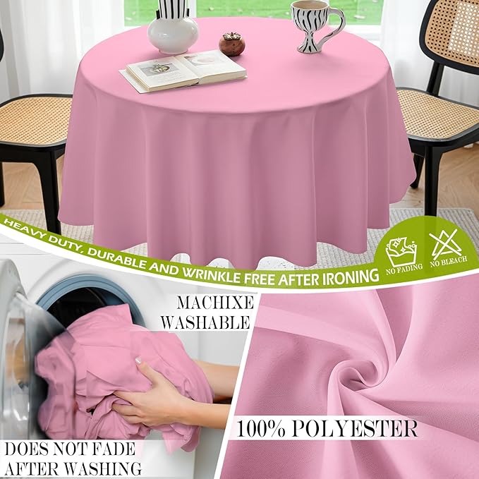BYDOLL Table Cloth 60 Inch Round Tablecloth Fits Max50 Inch Diameter Table Top,Pink Polyester Washable Wrinkle-Free Spillproof Tablecloth for Party Patio Cover