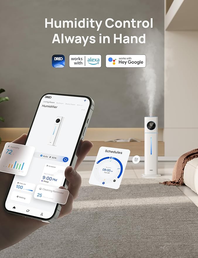 Dreo 11L Smart Humidifier Large Room 700 ft짼, 100H Cool Mist Air Humidifiers for Bedroom, Top-Fill Self-Cleaning Tank, 26dB, Auto Mode, Aroma Box, RGB Light, Remote & APP Control, Baby, Plant, Blue