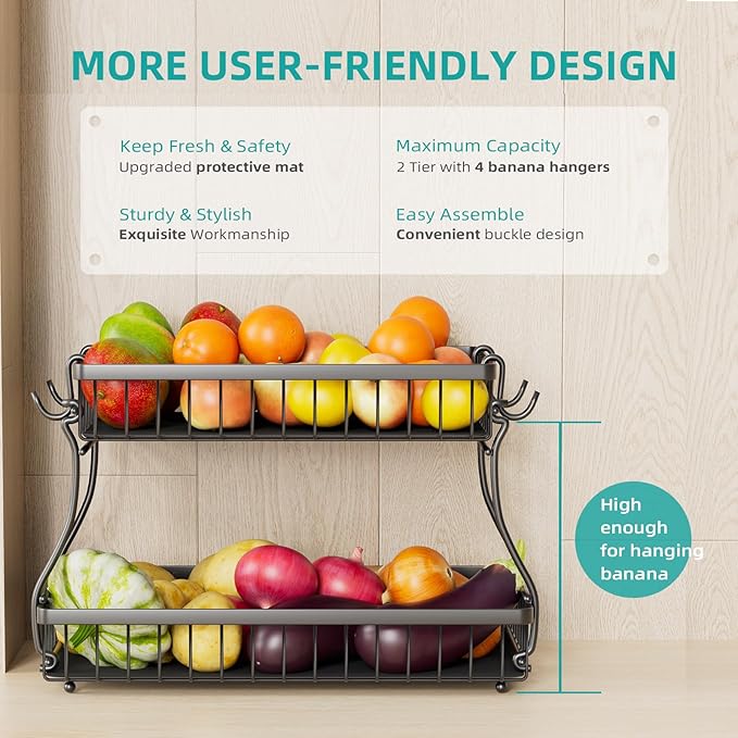 2 Tier Fruit Basket with 4 Banana Hangers, Improved Fruit Bowl for Kitchen Counter, Detachable Large Capacity Countertop Organizer Fruit Holder Stand for Vegetable Bread Snack Produce Storage