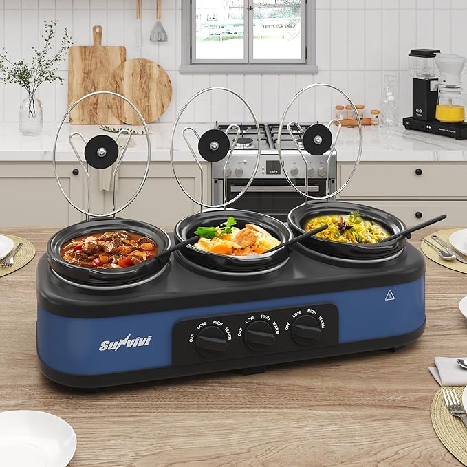 Sunvivi Triple Slow Cooker, Buffet Server & Warmer with 3 Removable Ceramic Pots, 3 Adjustable Temp Settings & 3 Metal Lid Rests, Stainless Steel, 3 * 1.5 Quarts Blue