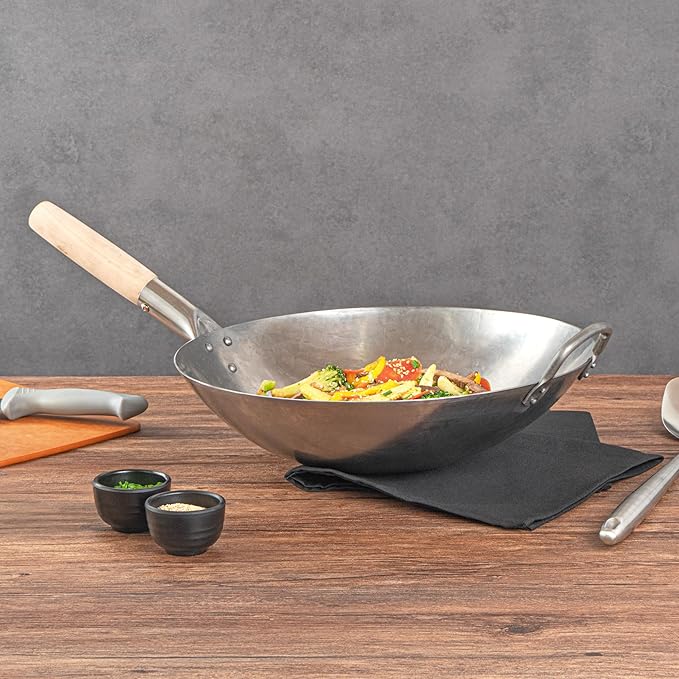 Motomori 14 Inch Hand-Hammered Carbon Steel Wok, 1 Traditional Japanese Wok - Round Bottom, Wooden Handle, Black Carbon Steel Traditional Stir Fry Pan, With Helper Handle - Restaurantware