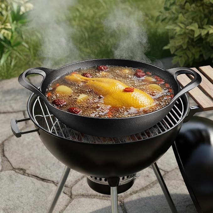 Bakken Pre-Seasoned Cast Iron Wok with Wooden Lid, 14" Stir Fry Pan for Gas, Electric, Induction & Open Fir, Heavy-Duty Flat Bottom Wok with Dual Handles for Even Heating & High-Heat Cooking, 8.8 lbs