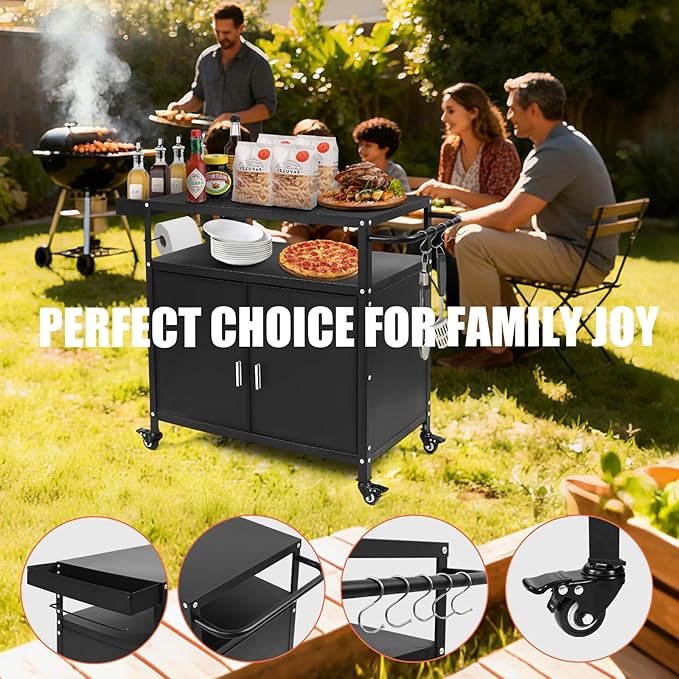 Kqoya Grill Cart with Storage, Outdoor Bar Cart Rolling BBQ Cart Movable Pizza Oven Table Stand with Foldable Stainless Steel Top & Storage Cabinet, Black（34.6 x 17.7 x 34.6 Inch）