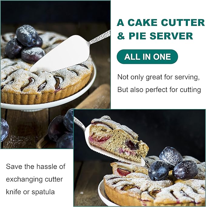 5-Piece Pie Server, E-far Hammered Stainless Steel Cake Server Spatula for Cutting Pastry Cheese Pizza, Serrated Edge with Square Handle, Mirror Polished & Dishwasher Safe-8.9 Inch