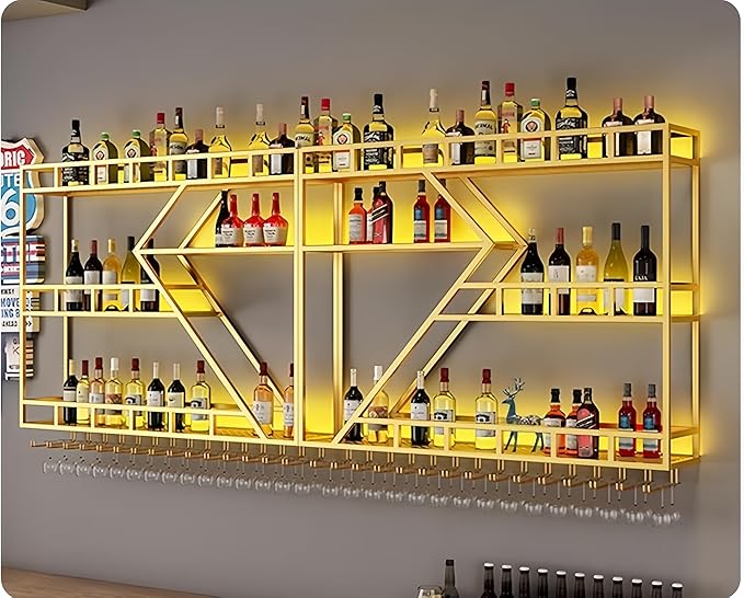 94 Inch Modern Wall Mounted Wine Rack with LED Light, Large Metal Bar Shelves for Liquor Bottles, Stylish Wall Wine Rack Storage Organizer for Dining Room & Home Bar(Gold-Yellow Led, 94in)