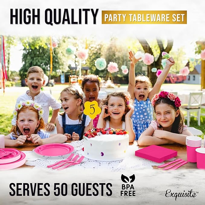 Exquisite 350 Pcs Hot Pink Paper Plates For Party, Hot Pink Disposable Plates Set, 50 Of Each 9" Dinner Plate Set, 7" Dessert Plate, Cups, Napkins & Cutlery Paper Dinnerware