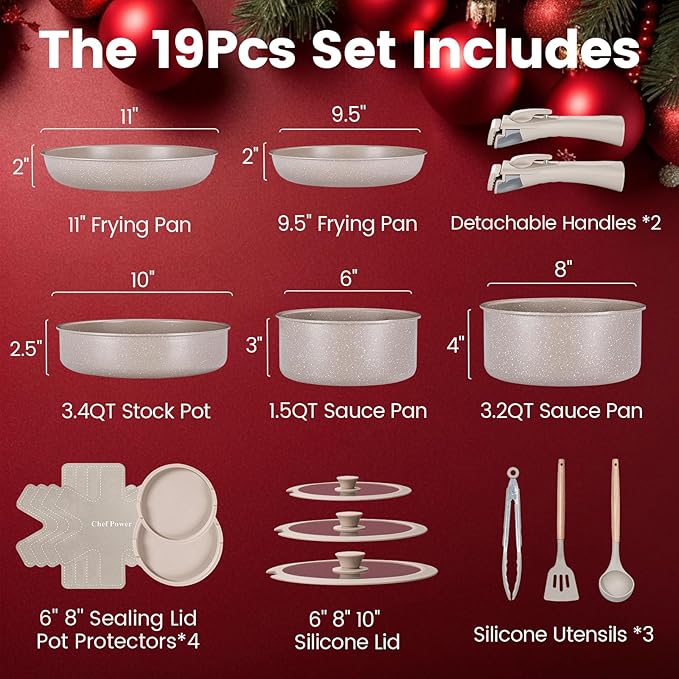 Chef Power Ceramic Nonstick Pots and Pans Set 19 Piece with Detachable Handle, Induction Dishwasher Oven Safe Cookware Set, RV Kitchen Set Removable Handle, Mocca Taupe
