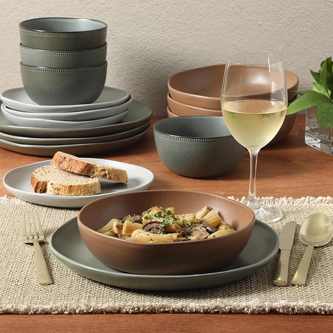 Gibson Elite Menlo Park 16-Piece Pottery Clay Stoneware Dinnerware Set ??Assorted Color Reactive Glaze, Organic Shape Embossed Plates and Bowls W/Pasta Bowl, Service for 4 Microwave Dishwasher Safe
