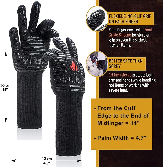 GRILL HEAT AID BBQ Grill Gloves Heat Proof for Grilling ??Fireproof 1472째F Heat-Resistant Grill Mitts for Outdoor Barbecue and Smoker, Campfire, Fire Pit, Oven Glove with Fingers for Baking Pizza