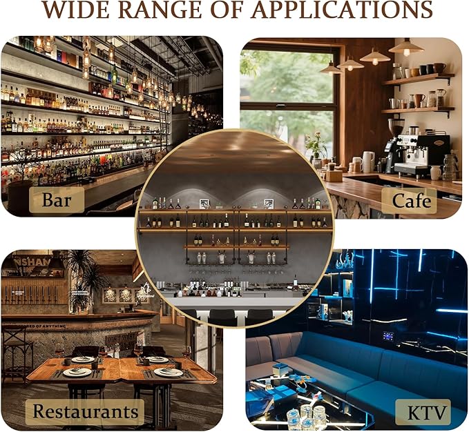 142in Large Wine Rack with LED Light, 4 Tiers Solid Wood Wall Mounted Wine Rack, Industrial Liquor Bottles Floating Shelves with Glass Holder for Home Bar/Dining Room (141.8in/360cm)