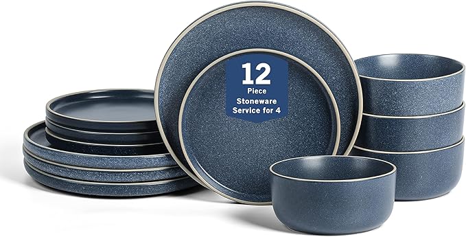 Earth & Clay Amber 12-Piece Dinnerware Set Stoneware, Dishwasher and Microwave Safe Plates and Bowls Set, Dish Set for 4, Blue