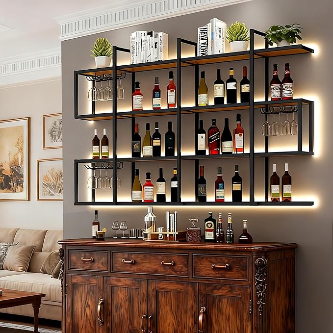 71IN Large Wall Mounted Wine Rack with LED Light, Metal 4 Tier Floating Wine Shelf with Glass Holder, Modern Hanging Bar Liquor Bottles Storage Rack for Home Bar Dining Room Decorative (70.8in/180cm)