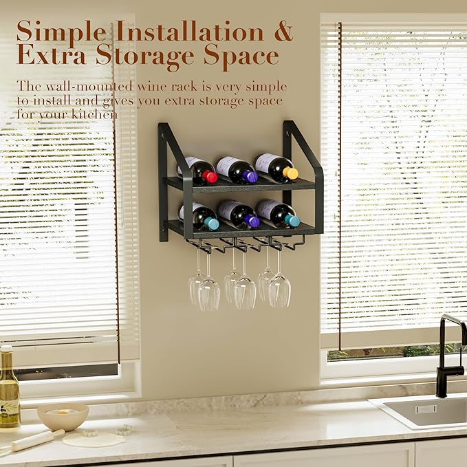 Wall Mounted Wine Rack for 6 Wine Bottles and 6 Glass Holder, 2-Tier Wall Wine Rack, Wood Wine Racks for Wall, Wood-Metal Wine Bottle Holder for Home Bar, Wine Kitchen Storage (Black)