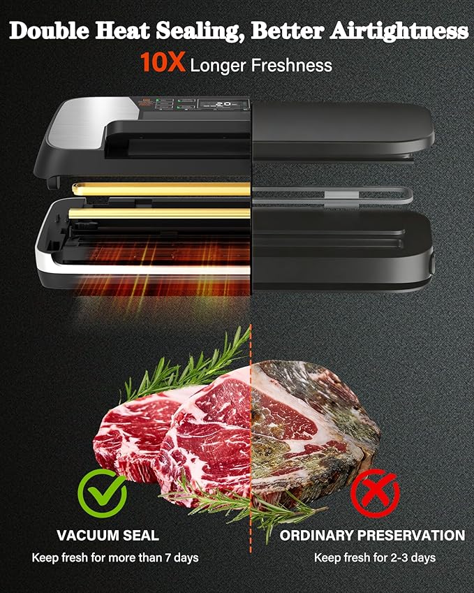 95KPa Food Vacuum Sealer Machine, 230W Vacuum Pack Machine 12-in-1 Automatic Powerful Food Preservation System with Double Heat Seal, Includes Built-in Cutter, Storage, 1 Roll & 10 Bags