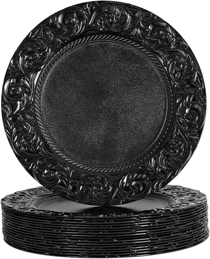 150pcs Black Charger Plates, 13" Round Reusable Decorative Flower Relief Carving Bulk Chargers for Dinner Plates, Wedding, Bridal Shower