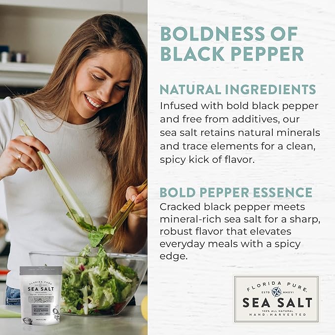 FLORIDA PURE Black Pepper Sea Salt - 80+ Mineral Sea Salt, Natural, Unrefined, Non Iodized - for Baking, Cooking, Seasoning & Enhancing Taste - Rich Taste Flaky Sea Salt (3 oz Pouch)