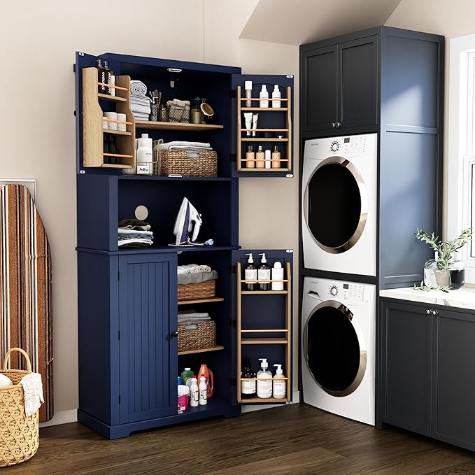 HLR 72" Kitchen Pantry Storage Cabinet, Freestanding Larder Cupboard, Kitchen Hutch Cabinet with Microwave Stand,Utility Pantry with Doors and Shelves for Dining Room, Living Room