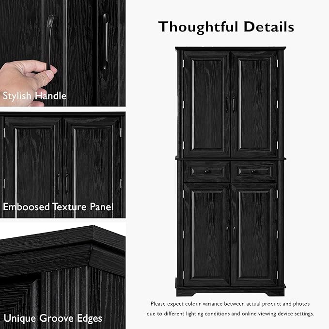 Ball & Cast 71?쿟all Farmhouse Kitchen Pantry Cabinet with 3 Pull Out Shelves & 2 Large Drawers,Versatile Pantry Storage Cabinet w/ 6 Door Shelf & Adjustable Shelves for Kitchen,Dining Room,Black